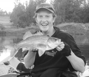 James Packman caught this 40cm-plus bass on the Nepean using a chrome Beetle Spin with a motor oil Atomic Fat Grub. Big bass have been on the chew.